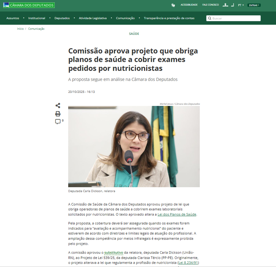 Leia mais sobre o artigo Câmara: comissão aprova cobertura de exames solicitados por nutricionistas nos planos de saúde